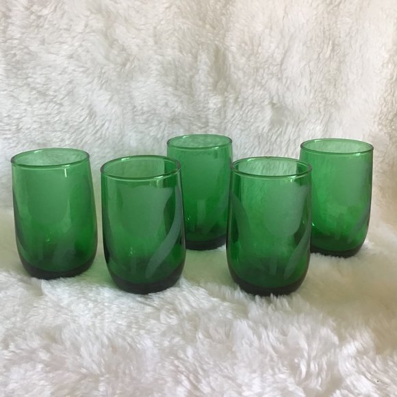 Rare Vintage Green Glass Etched Tulip Pitcher Set  with  5 Tumblers / Glasses - Picture 10 of 13